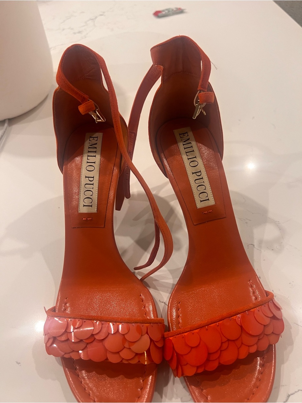 Emilio Pucci Red-Orange Sequin Front Strap kitten Heels
